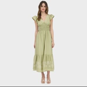 August Sky women’s Deep V neck Ruffle Sleeve smocked waist dress  Sz Small (#1)
